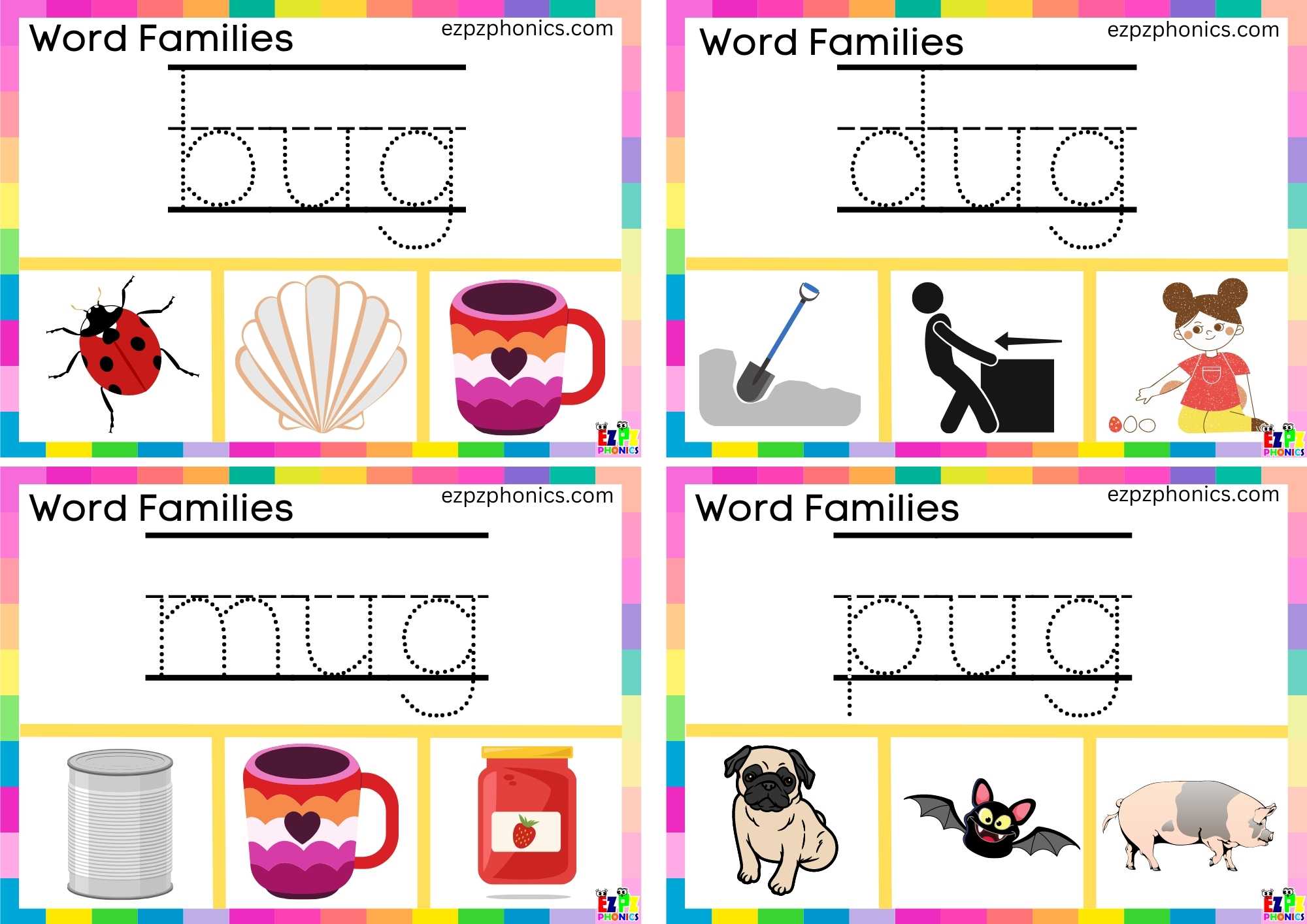 Write the words and clip the image Clip cards for word family ug group 2